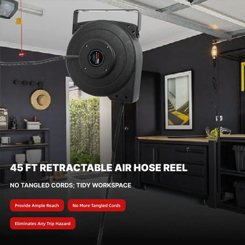 Heavy Duty Retractable Air Hose Reel With 1/4 Inch By 45 Feet Hybrid Hose Max 300 Psi, wall-mounted, tidy workspace setup.