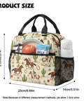 Desert Horse Insulated Kids Lunch Box with Easy-Clean Lining, showing size and storage for bento box, snacks, and water bottle