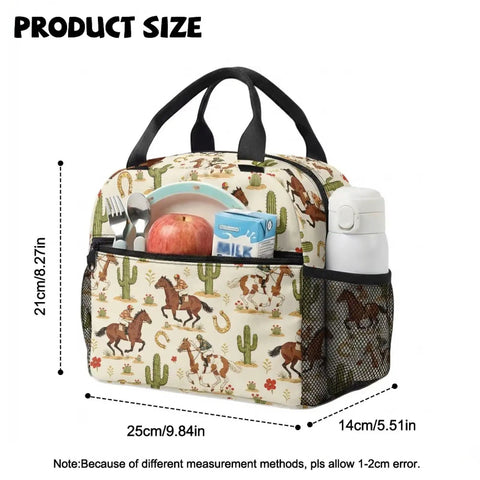 Desert Horse Insulated Kids Lunch Box with Easy-Clean Lining, showing size and storage for bento box, snacks, and water bottle