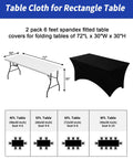 Slick Top Notch Two Pack Black 6Ft Fitted Tablecloth Rectangle Spandex Blend Cover on a 72x30 inch folding table.