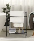Freestanding 3 Tier Towel Rack Stand With Storage Shelf Black Metal Laundry Room Bathroom Organizer For Towels Linens And Blankets
