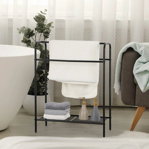 Freestanding 3 Tier Towel Rack Stand With Storage Shelf Black Metal Laundry Room Bathroom Organizer For Towels Linens And Blankets