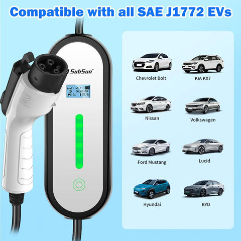 Level One And Two EV Charger 16 Amp 17 Ft Cable Portable Electric Vehicle Charging Station Sae J1772 Compatible with various EV models.