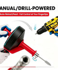 Manual and drill-powered 42 Foot Beast Mode Drain Snake And Hair Clog Remover in red, showing user control with a drill.