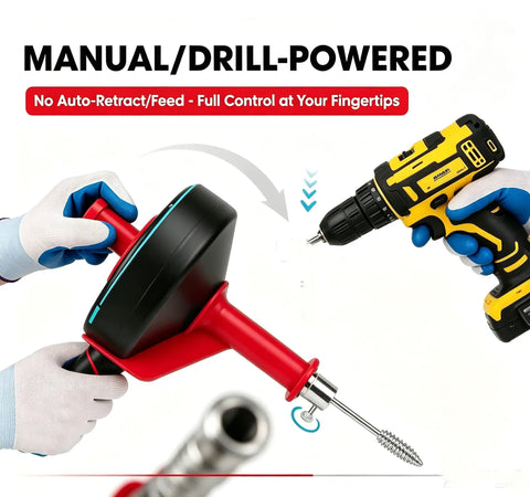 Manual and drill-powered 42 Foot Beast Mode Drain Snake And Hair Clog Remover in red, showing user control with a drill.