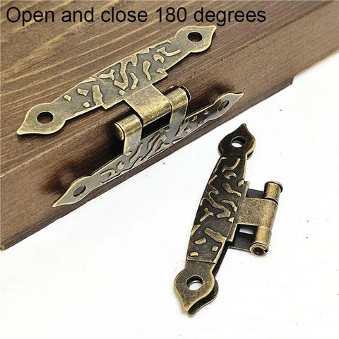 4Pcs Antique Vintage H Shaped Cabinet Door Hinges With Screws For Jewelry Boxes And Old School Furniture Decor shown on wood
