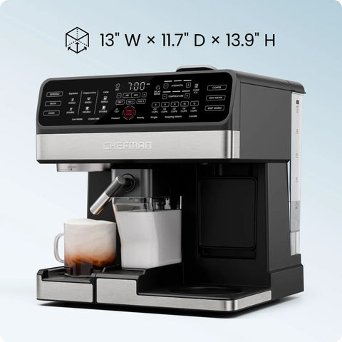 Straight Fire Coffee Station Combining An Elite Espresso Brewer With A Heavy Duty Drip Maker For Pouring Creamy Lattes Or Bold Cappuccinos Plus K Cup Pod And Fresh Ground Compatibility All Day, showcasing touchpad interface and cups.