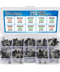 Open box displaying Dope 250 Pack Transistor Assortment Kit With 10 Values A1015 BC327 BC337 C1815 S8050 S8550 2N2222 2N2907 2N3904 2N3906 NPN PNP General Purpose Power Transistors For DIY Electronics Projects.
