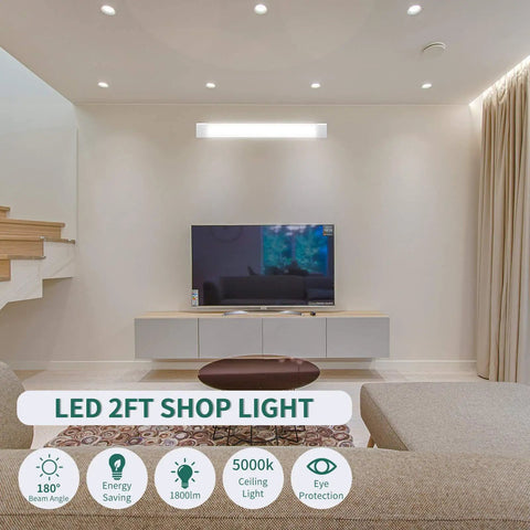 Installed Led Tube Light Fixture 18W 2Ft Linkable Shop Light For Garage Kitchen Bathroom Closet Office 5000K White Triproof