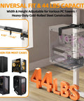 Heavy Duty Under Desk PC Mount No Drill Table Clamp holding various PC towers, featuring adjustable width from 4.92" to 11.42".