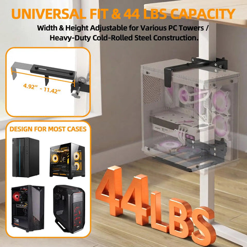 Heavy Duty Under Desk PC Mount No Drill Table Clamp holding various PC towers, featuring adjustable width from 4.92" to 11.42".