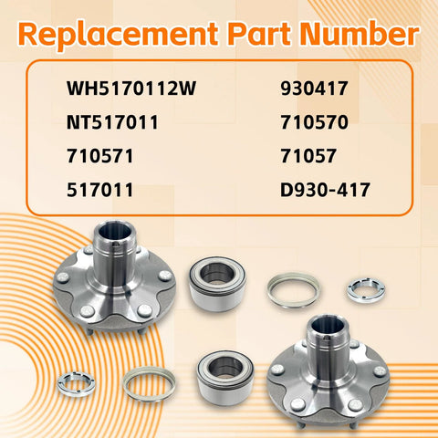 Image of Two Piece Front Wheel Hub Bearing Kit That Keeps Your Ride Rolling Smooth For 1996 To 2001 4Runner And 2001 To 2007 Sequoia 1999 To 2004 Tacoma And 2000 To 2006 Tundra 2WD Only Not Fit 4WD Or AWD Replacement Parts WH5170112W NT517011, showing components and replacement part numbers.