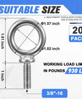 20 Pack Lifting Ring Shoulder Eye Bolts 3/8-16 X 1 Stainless Steel 304 Industrial Grade Eyebolts With Nuts For Lifting, Rigging