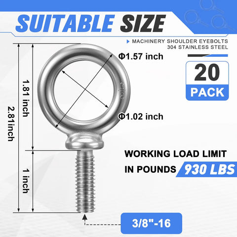 20 Pack Lifting Ring Shoulder Eye Bolts 3/8-16 X 1 Stainless Steel 304 Industrial Grade Eyebolts With Nuts For Lifting, Rigging