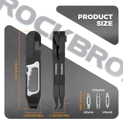 14 In 1 Bike Multitool Kit With Mini Ratchet Wrench, Tire Levers, shown with size dimensions and product details