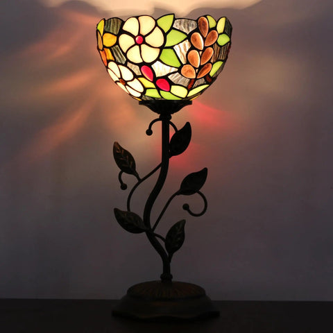 Small Tiffany Stained Glass Table Lamp With Uplight Accent, floral pattern shade, brown grape style desk light, metal leaf base