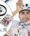 Cyclist repairing bike wheel with All In One Bike Repair Tool Kit For DIY Riders, Multifunction Maintenance Set With Box visible