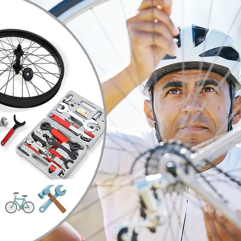 Cyclist repairing bike wheel with All In One Bike Repair Tool Kit For DIY Riders, Multifunction Maintenance Set With Box visible
