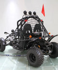 Rear view of Dual Seat Off Road Go Kart Buggy With Roll Cage, Triple Spotlight Bar, All Terrain Tires, Black Frame, 200cc Adult Size