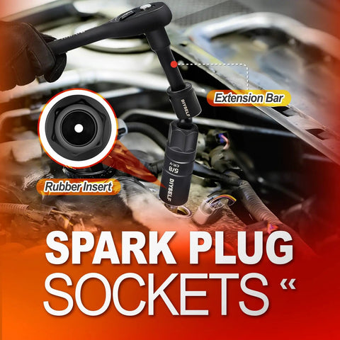 Close-up of a spark plug socket with extension bar from the Three Eighths Inch Drive Socket Set For Any Garage Pro 95 Pieces Impact Kit.