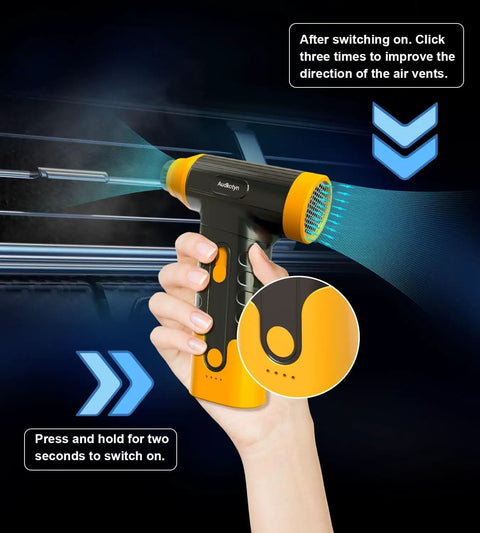 Hand holding Powerful Cordless Electric Air Duster And Blower, yellow and black, showing airflow direction controls.