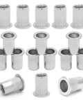 50 Pack M5 304 Stainless Steel Rivet Nuts Flat Head Knurled Threaded Insert Heavy Duty Fasteners, showing various angles and sizes.