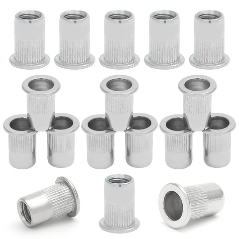 50 Pack M5 304 Stainless Steel Rivet Nuts Flat Head Knurled Threaded Insert Heavy Duty Fasteners, showing various angles and sizes.