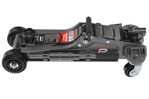 Side view of 2.5-Ton Off-Road Trolley Jack with oversized 4-inch wheels, saddle extension, and integrated handle storage.