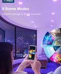 Person using phone to control Smart RGBCW Recessed Can Lights 5/6 Inch Kit 12 Pack with WiFi Color Changing Retrofit Downlights and Baffle Trim.
