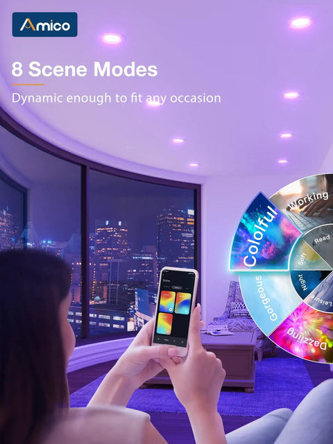 Person using phone to control Five To Six Inch Smart LED Recessed Can Lights Twelve Pack RGBCW Color Changing WiFi Downlights in room