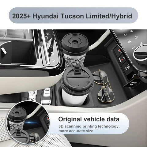 2025 2026 Hyundai Tucson Center Console Organizer Lower Tray With Cup Holder For Limited And Hybrid Models Durable Black ABS Plastic.