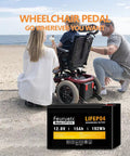 12V 15Ah LiFePO4 Deep Cycle Battery for Fish Finders Scooters Security Systems Solar UPS next to powered wheelchair by beach