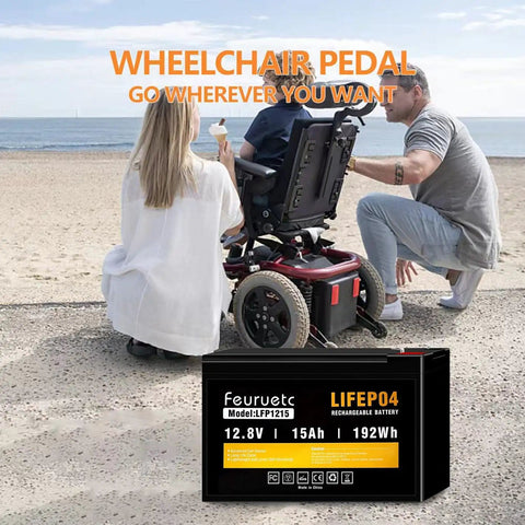 12V 15Ah LiFePO4 Deep Cycle Battery for Fish Finders Scooters Security Systems Solar UPS next to powered wheelchair by beach
