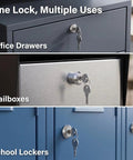 Hefty Silver Universal Cam Lock For Toolboxes Cabinets And Furniture Drawers Featuring Top Shelf 180 Degree Rotation No Fuss Swap Durable Iron Housing on office drawers, mailboxes, and school lockers.