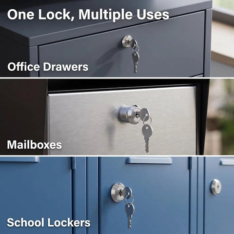 Hefty Silver Universal Cam Lock For Toolboxes Cabinets And Furniture Drawers Featuring Top Shelf 180 Degree Rotation No Fuss Swap Durable Iron Housing on office drawers, mailboxes, and school lockers.