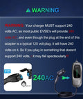 Warning image for No Sweat J1772 To Nema 5 15 And 5 20 Outlet Adapter With Short Cable, emphasizing 240 volts AC support.