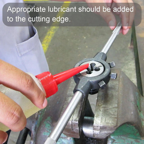 Applying lubricant to M14 X 1.0 Left Hand Thread Die Pro Grade Heavy Duty Alloy Tool Steel in a die stock for threading