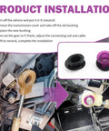 Shift Cable Bushing Repair Kit With Clips For Shifter Bushing Replacement Transmission Shift Linkage Bushings OEM 33820-02370 33835-08010 Fits Like A Boss Saturn Vue Toyota Tundra Sequoia Pontiac Pursuit Jeep Patriot Wrangler Chevrolet HHR Cobalt installation guide with close-up on bushing and clips.