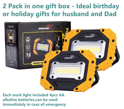 Portable LED Work Light Two Pack Beast Bright AA Battery Powered Flood Lights With COB Chips shown with packaging