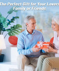 Couple exchanging gift box at home, labeled 'The Perfect Gift for Your Lovers Family or Friends'