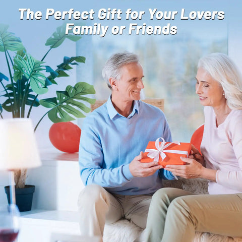 Couple exchanging gift box at home, labeled 'The Perfect Gift for Your Lovers Family or Friends'