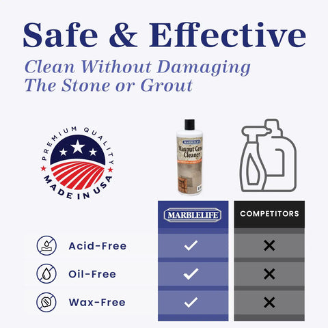 Infographic showing Maxout Deep Grout Cleaner For Tiles And Floors Powerful Ready To Use Cleaning Liquid That Breaks Down Grime Dirt And Stains In Grout Safe Emulsification Formula For Easy Pristine Floors 32 Oz Bottle, compared to competitors, highlighting Made in USA, acid-free, oil-free, and wax-free features.