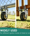 Built Tough 5 Inch Gate Support Wheel For Farm And Ranch Gates With Metal Bracket Zinc Finish And Rugged Rubber Tire shown on different gate types