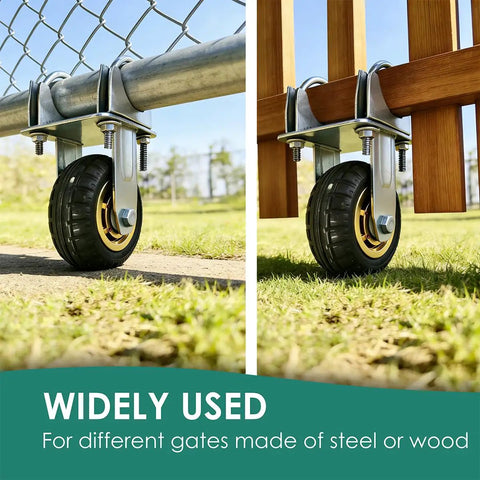 Built Tough 5 Inch Gate Support Wheel For Farm And Ranch Gates With Metal Bracket Zinc Finish And Rugged Rubber Tire shown on different gate types