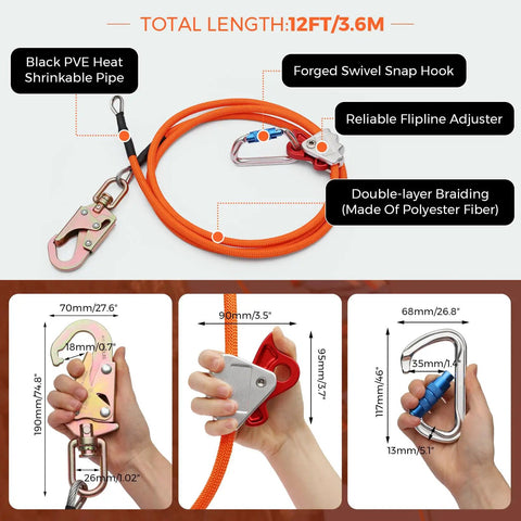 Heavy Duty Tree Climbing Rope With Steel Core Flip Line Half Inch Twelve Feet Triple Lock Carabiner Adjuster Steel Swivel Snap