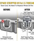 Grease Monkey Approved Oil Drain Plug Repair Kit For Stripped Threads M14.1 X 1.5-15 before and after showing thread repair.