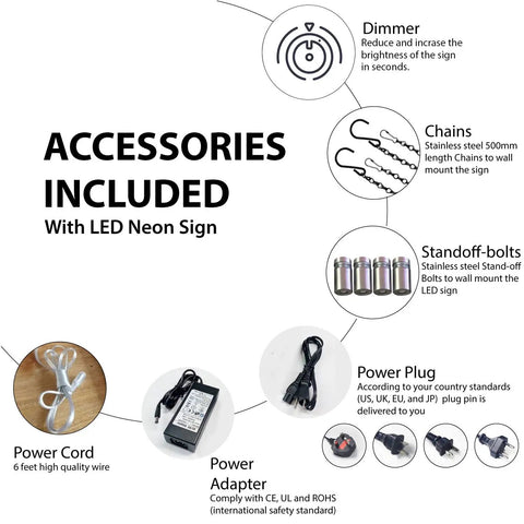 Accessories included with Guitar LED Neon Sign With Dimmer 13 Inch Tall By 24 Inch Wide Black Square Cut Acrylic Backing.