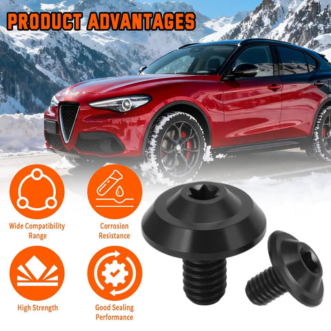Upgraded Titanium Coolant Bleeder Screw Kit With O Ring In Black Finish For Alfa Romeo Giulia Stelvio 2.0T 2.2 JTDm And 2.9L Twin Turbo V6 Engines Easy Install Durable Metal Hardware For A Leak Free Cooling System shown with car background