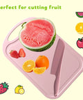 11 Inch Plastic Lettuce Knife With Serrated Blade To Keep Greens Kickin Fresh And Block Browning, Nonstick Safe For Cutting Cakes Fruits Bread, No Sweat Cleaning Dishwasher Ready Duo Pack In Crisp Green shown with fruits.