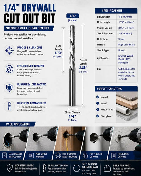 Professional HSS Drywall Cut Out Bit Quarter Inch Spiral Rotary Tool Cutter For Gypsum Sheetrock And Plywood 100 Piece Kit with specifications and features.